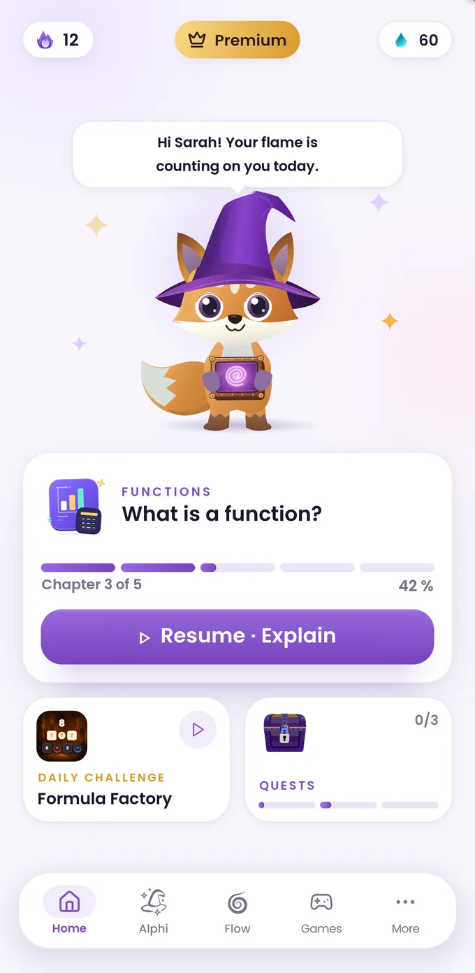 Mathflow home screen with Alphi and the daily challenge