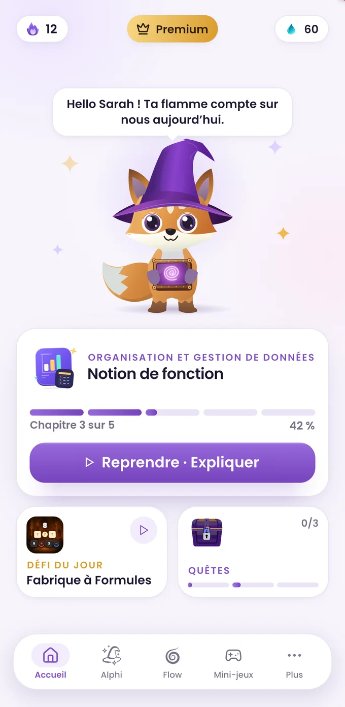 Écran d’accueil de Mathflow : le chapitre en cours, le défi du jour et les quêtes